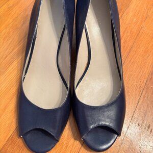 Nine West Navy Blue Wedge Peep Toe Heels - Women's Size 11
